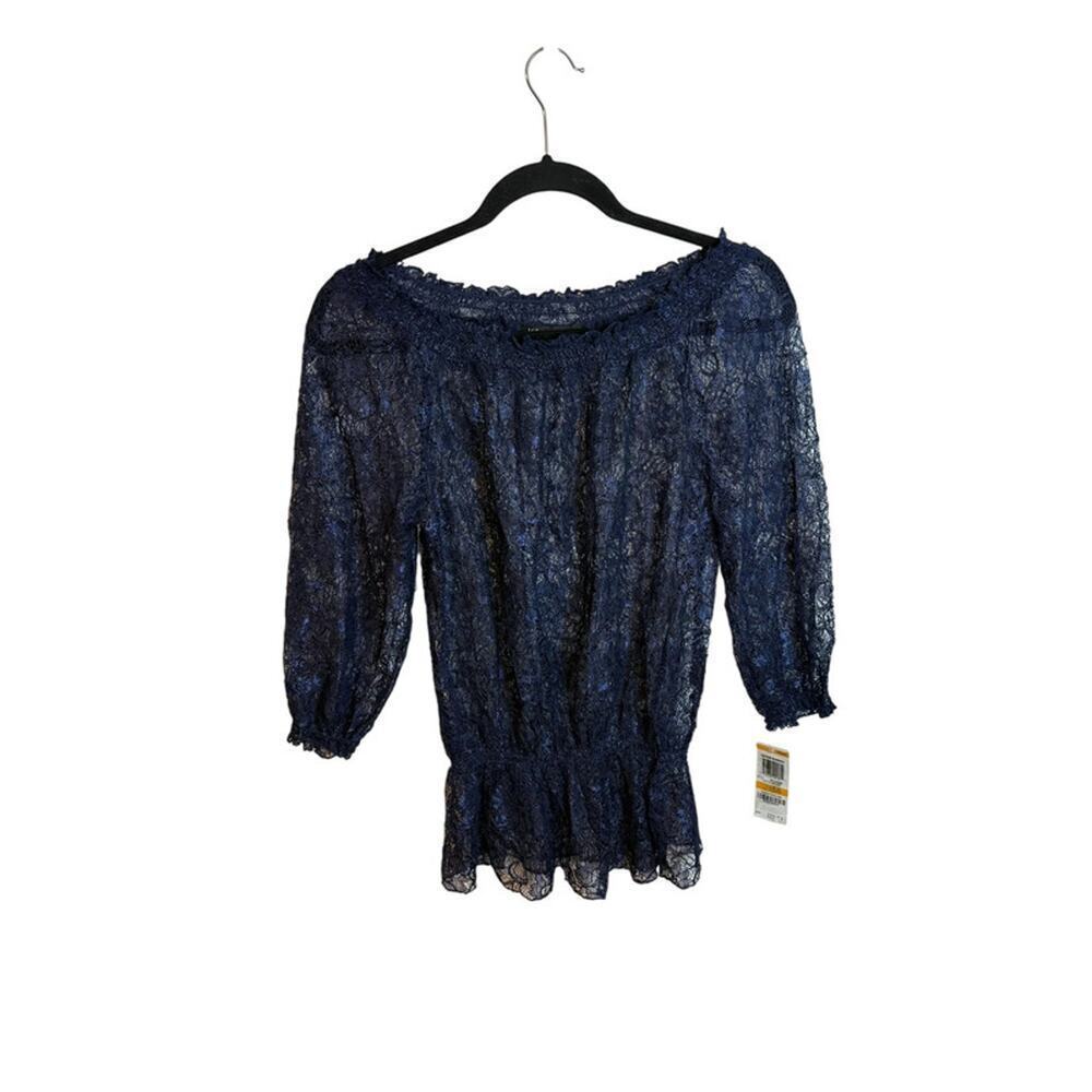 NWT Inc. Navy Blue Metallic Floral Sheer Peplum Blouse